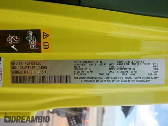 2024 Jeep Gladiator Mojave with VIN 1C6JJTEG8RL104585, listed as a Copart auction lot 66293495 with 7,528 mi miles and Salvage title. Bid and sale history available at DreamBid. Image 12.