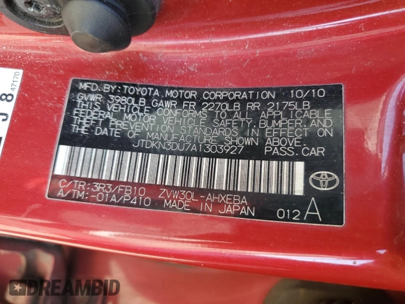 2010 Toyota Prius II with VIN JTDKN3DU7A1303927, listed as a Copart auction lot 53662615 with 156,118 mi miles and Salvage Title. Bid and sale history available at carsss.com. Image 12.