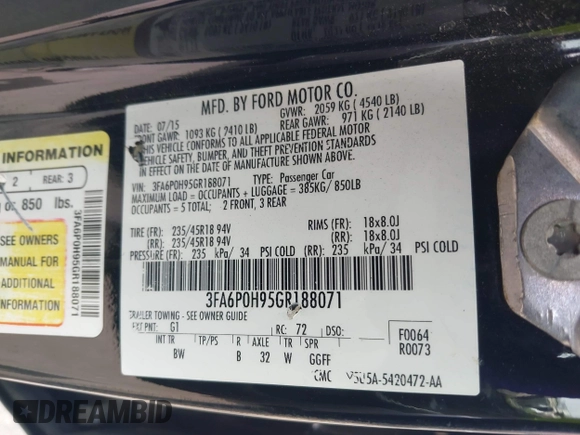 2016 Ford Fusion SE с VIN 3FA6P0H95GR188071, выставлен на аукционе IAAI как лот 42245032 с пробегом 152 585 миль миль и . История ставок и продаж доступна на DreamBid. Изображение 9.