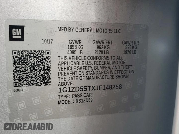 2018 Chevrolet Malibu LT with VIN 1G1ZD5STXJF148258, listed as a Copart auction lot 60798995 with 105,538 mi miles and Salvage title. Bid and sale history available at DreamBid. Image 12.
