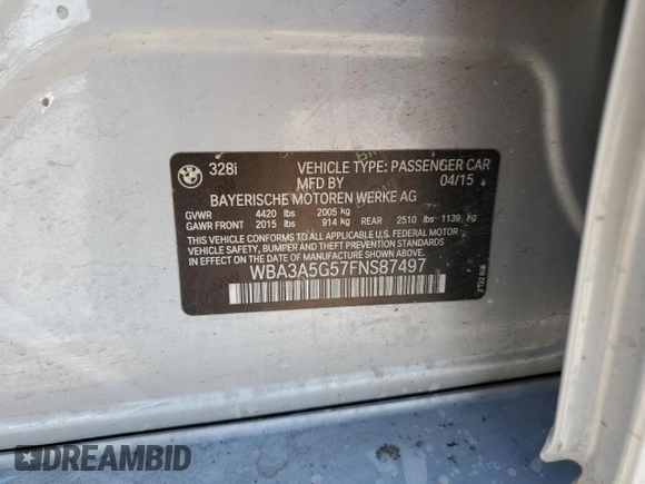 2015 BMW 3 Series 328i с VIN WBA3A5G57FNS87497, выставлен на аукционе Copart как лот 51650655 с пробегом 94 035 миль миль и Чистый • Clean title. История ставок и продаж доступна на DreamBid. Изображение 12.