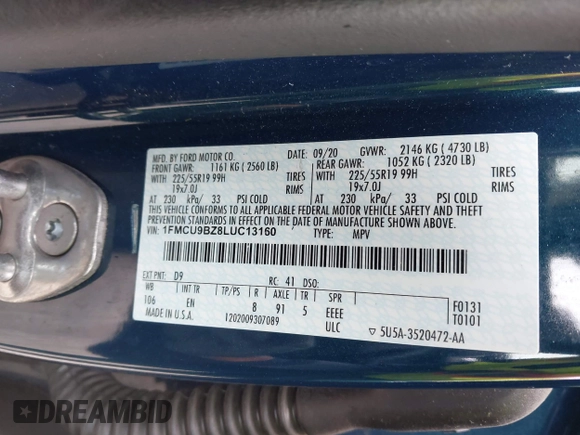 2020 Ford Escape SE Sport Hybrid with VIN 1FMCU9BZ8LUC13160, listed as a IAAI auction lot 42371641 with 88,133 mi miles and . Bid and sale history available at DreamBid. Image 9.