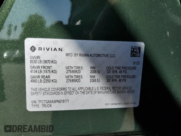 2023 Rivian R1T Adventure z VIN 7FCTGAAA9PN018171, wystawiony jako Copart lot #72593614 z przebiegiem 12 553 mil mil oraz Szkody całkowita. Historia ofert i sprzedaży dostępna na DreamBid. Obrazek 12.
