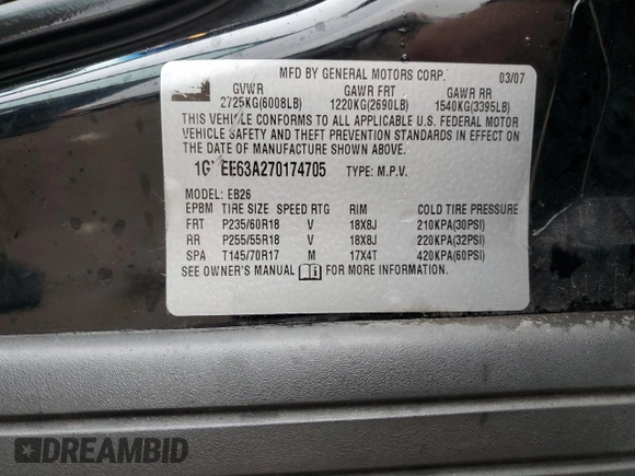 2007 Cadillac SRX with VIN 1GYEE63A270174705, listed as a Copart auction lot 82053904 with 161,320 mi miles and Salvage Title. Bid and sale history available at carsss.com. Image 15.