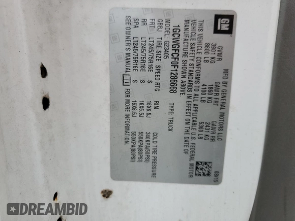2015 Chevrolet Express Cargo z VIN 1GCWGFCF0F1286668, wystawiony jako Copart lot #85657524 z przebiegiem 107 760 mil mil oraz Szkoda całkowita • Salvage title. Historia ofert i sprzedaży dostępna na DreamBid. Obrazek 15.