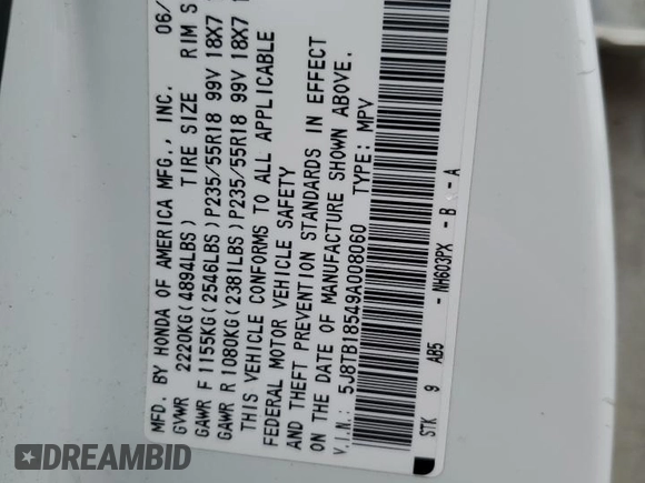 2009 Acura RDX Technology z VIN 5J8TB18549A008060, wystawiony jako Copart lot #50881085 z przebiegiem 101 968 mil mil oraz Szkoda całkowita • Salvage title. Historia ofert i sprzedaży dostępna na DreamBid. Obrazek 15.
