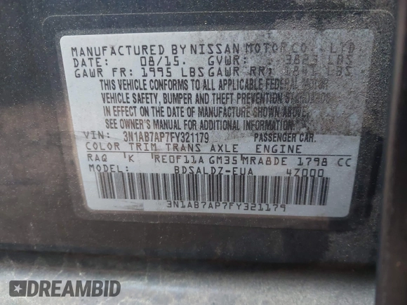 2015 Nissan Sentra SR with VIN 3N1AB7AP7FY321179, listed as a IAAI auction lot 41935752 with 157,994 mi miles and . Bid and sale history available at DreamBid. Image 9.