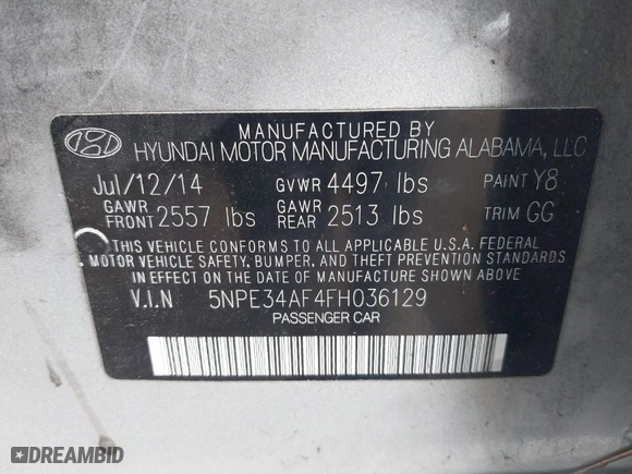 2015 Hyundai Sonata 2.4L Sport with VIN 5NPE34AF4FH036129, listed as a IAAI auction lot 41740812 with 79,483 mi miles. Bid and sale history available at carsss.com. Image 9.