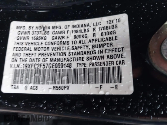 2016 Honda Civic Sedan LX with VIN 19XFC2F57GE009148, listed as a IAAI auction lot 41460292 with 113,539 mi miles. Bid and sale history available at carsss.com. Image 9.