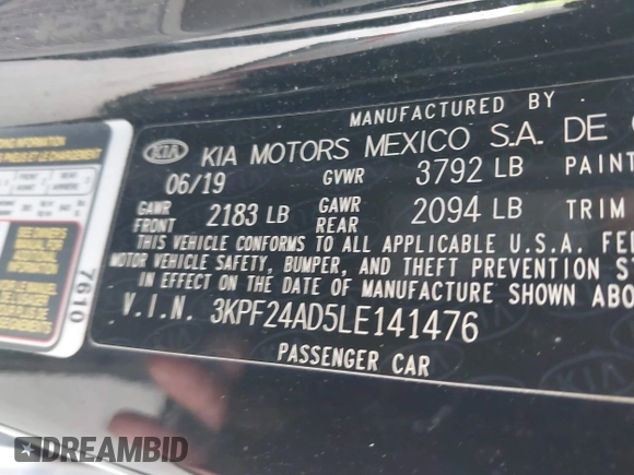 2020 Kia Forte LXS with VIN 3KPF24AD5LE141476, listed as a IAAI auction lot 42118736 with 138,959 mi miles. Bid and sale history available at carsss.com. Image 9.