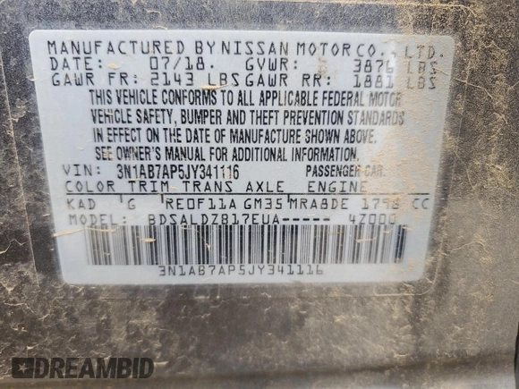 2018 Nissan Sentra S with VIN 3N1AB7AP5JY341116, listed as a Copart auction lot 43018125 with 79,349 mi miles and Salvage Title. Bid and sale history available at carsss.com. Image 12.