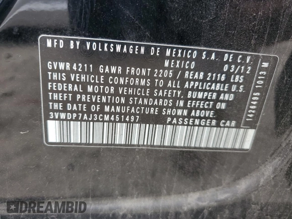 2012 Volkswagen Jetta SE with VIN 3VWDP7AJ3CM451497, listed as a Copart auction lot 58322715 with 180,266 mi miles and Salvage title. Bid and sale history available at DreamBid. Image 13.