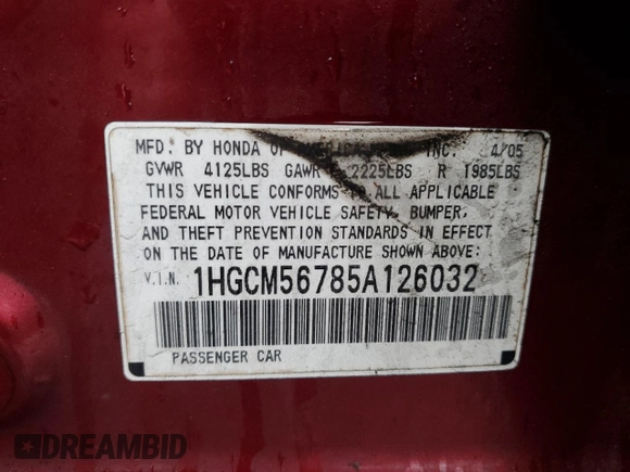 2005 Honda Accord EX with VIN 1HGCM56785A126032, listed as a Copart auction lot 49288605 with 169,917 mi miles and Salvage Title. Bid and sale history available at DreamBid. Image 13.