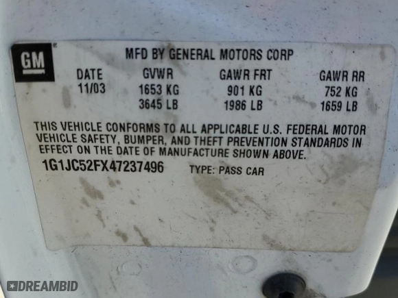 2004 Chevrolet Cavalier with VIN 1G1JC52FX47237496, listed as a Copart auction lot 75027304 with 143,131 mi miles and Salvage Title. Bid and sale history available at carsss.com. Image 12.