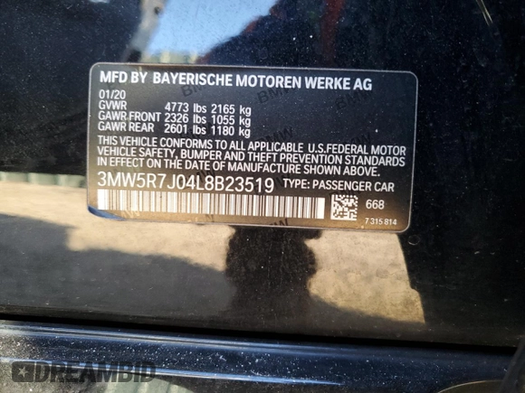 2020 BMW 3 Series 330i xDrive with VIN 3MW5R7J04L8B23519, listed as a Copart auction lot 50749415 with 103,324 mi miles and Salvage Title. Bid and sale history available at carsss.com. Image 12.