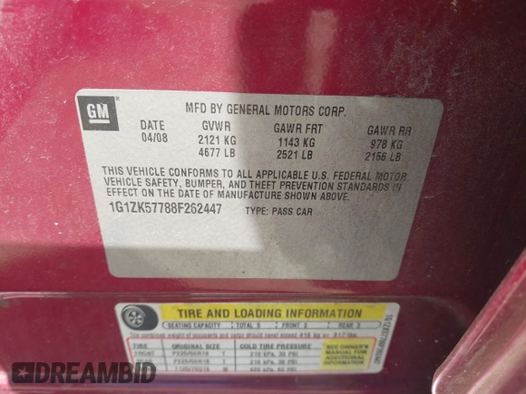 2008 Chevrolet Malibu LTZ with VIN 1G1ZK57788F262447, listed as a IAAI auction lot 42058751 with 127,948 mi miles and . Bid and sale history available at DreamBid. Image 9.