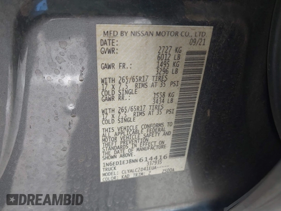 2022 Nissan Frontier SV with VIN 1N6ED1EJ8NN614416, listed as a IAAI auction lot 42603214 with 84,183 mi miles and . Bid and sale history available at DreamBid. Image 9.