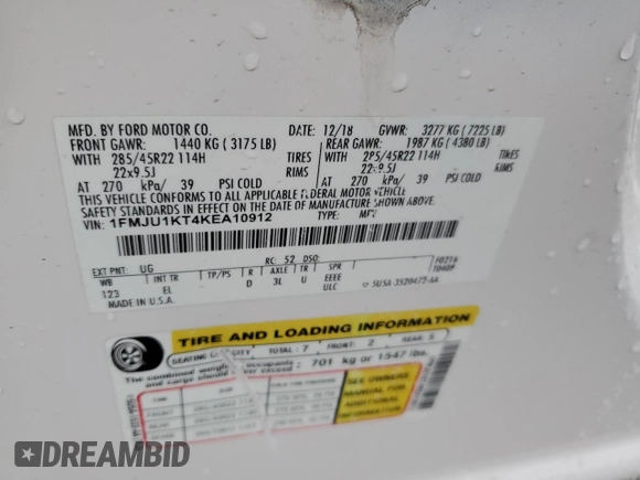 2019 Ford Expedition Limited with VIN 1FMJU1KT4KEA10912, listed as a Copart auction lot 82906024 with 0 mi miles and Salvage Title. Bid and sale history available at carsss.com. Image 12.