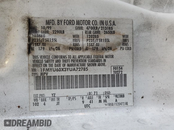 2000 Ford Explorer with VIN 1FMYU60X3YUA72785, listed as a Copart auction lot 61815325 with 184,643 mi miles and Clean title. Bid and sale history available at DreamBid. Image 13.