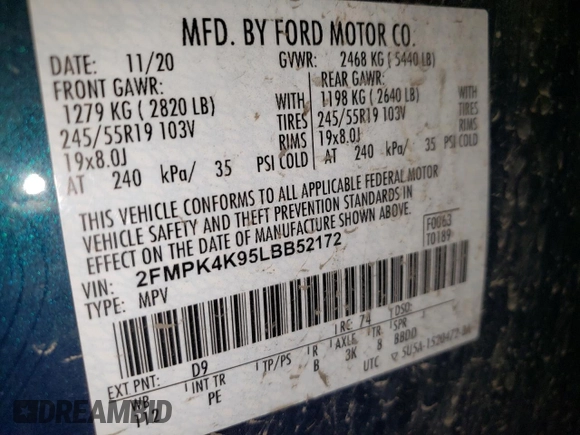 2020 Ford Edge Titanium with VIN 2FMPK4K95LBB52172, listed as a Copart auction lot 60884295 with 67,554 mi miles and Salvage title. Bid and sale history available at DreamBid. Image 13.