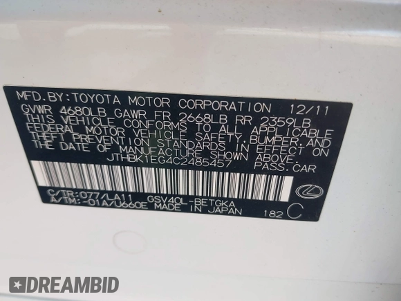 2012 Lexus ES 330 with VIN JTHBK1EG4C2485457, listed as a IAAI auction lot 42723326 with 204,256 mi miles and . Bid and sale history available at DreamBid. Image 9.