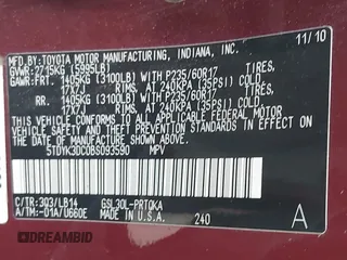 2011 Toyota Sienna XLE AAS with VIN 5TDYK3DC0BS093590, listed as a IAAI auction lot 42714201 with 155,699 mi miles and . Bid and sale history available at DreamBid. Image 9.