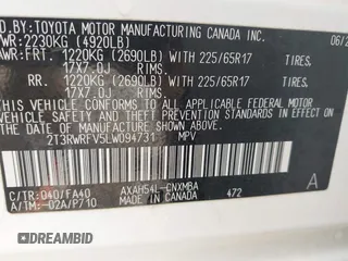 2020 Toyota RAV4 Hybrid XLE with VIN 2T3RWRFV5LW094731, listed as a IAAI auction lot 42349123 with 60,927 mi miles and . Bid and sale history available at DreamBid. Image 9.