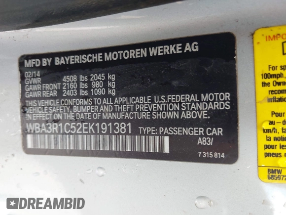 2014 BMW 4 Series 435i with VIN WBA3R1C52EK191381, listed as a IAAI auction lot 42257612 with 161,112 mi miles and . Bid and sale history available at DreamBid. Image 9.
