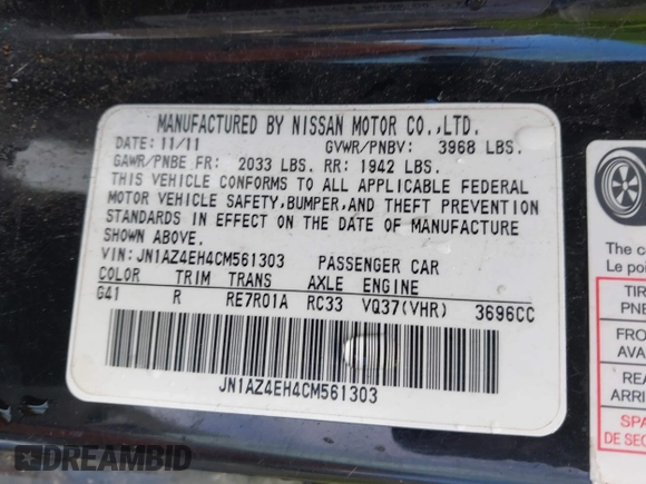 2012 Nissan 370Z Touring with VIN JN1AZ4EH4CM561303, listed as a IAAI auction lot 41788638 with 111,958 mi miles. Bid and sale history available at carsss.com. Image 9.
