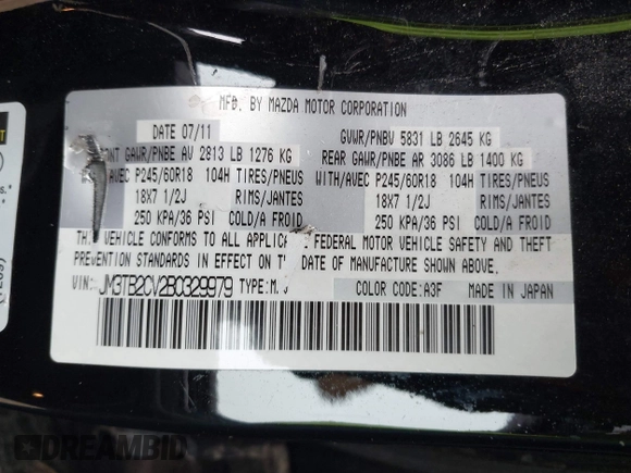 2011 Mazda CX-9 Touring z VIN JM3TB2CV2B0329979, wystawiony jako IAAI lot #42426160 z przebiegiem 171 585 mil mil oraz . Historia ofert i sprzedaży dostępna na DreamBid. Obrazek 9.
