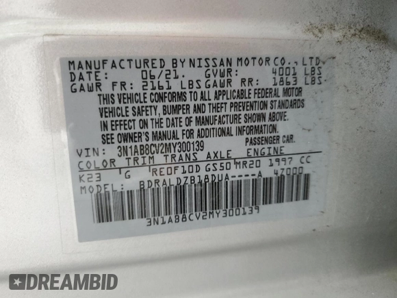 2021 Nissan Sentra SV with VIN 3N1AB8CV2MY300139, listed as a Copart auction lot 46868895 with 57,037 mi miles and Salvage Title. Bid and sale history available at carsss.com. Image 12.
