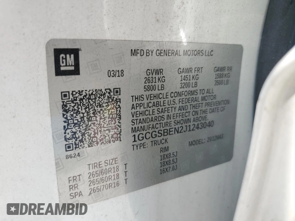 2018 Chevrolet Colorado 2WD Work Truck with VIN 1GCGSBEN2J1243040, listed as a Copart auction lot 56117175 with 115,793 mi miles and Salvage title. Bid and sale history available at DreamBid. Image 13.