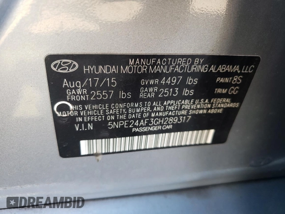 2016 Hyundai Sonata 2.4L with VIN 5NPE24AF3GH289317, listed as a Copart auction lot 53552655 with 96,251 mi miles and Salvage Title. Bid and sale history available at carsss.com. Image 12.