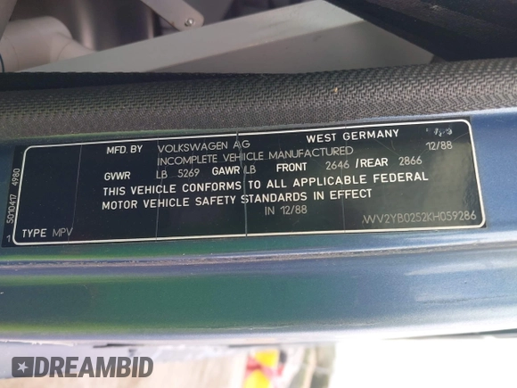 1989 Volkswagen Vanagon with VIN WV2YB0252KH059286, listed as a IAAI auction lot 42137080 with 130,604 mi miles and . Bid and sale history available at DreamBid. Image 9.
