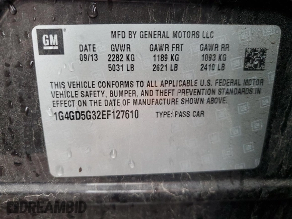 2014 Buick LaCrosse Premium I with VIN 1G4GD5G32EF127610, listed as a Copart auction lot 55502175 with 264,644 mi miles and Salvage title. Bid and sale history available at DreamBid. Image 12.