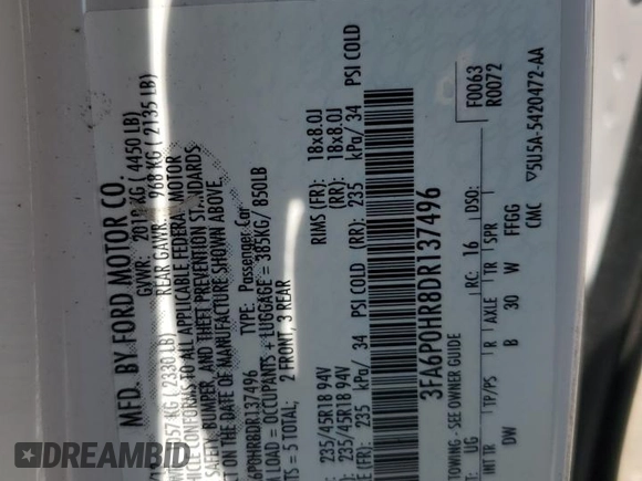 2013 Ford Fusion SE with VIN 3FA6P0HR8DR137496, listed as a Copart auction lot 58942525 with 172,575 mi miles and Salvage title. Bid and sale history available at DreamBid. Image 12.