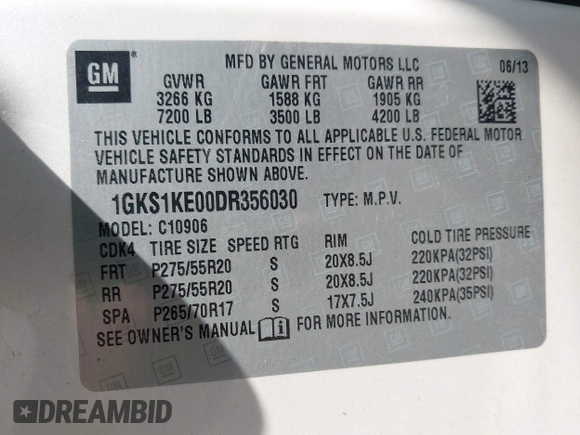 2013 GMC Yukon XL SLT with VIN 1GKS1KE00DR356030, listed as a IAAI auction lot 41969667 with 184,272 mi miles. Bid and sale history available at carsss.com. Image 9.
