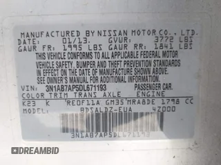 2013 Nissan Sentra SR with VIN 3N1AB7AP5DL671193, listed as a IAAI auction lot 42214306 with 150,088 mi miles and . Bid and sale history available at DreamBid. Image 9.