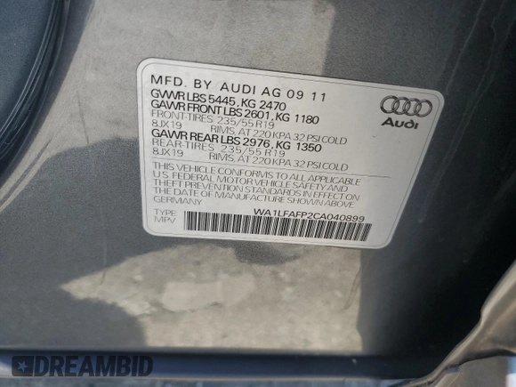 2012 Audi Q5 Premium Plus with VIN WA1LFAFP2CA040899, listed as a Copart auction lot 61972215 with 140,827 mi miles and Clean title. Bid and sale history available at DreamBid. Image 13.