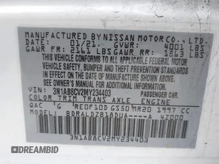 2021 Nissan Sentra SV with VIN 3N1AB8CV2MY234403, listed as a IAAI auction lot 41897307 with 59,165 mi miles. Bid and sale history available at carsss.com. Image 9.