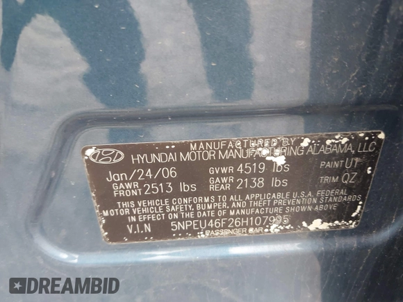 2006 Hyundai Sonata GLS with VIN 5NPEU46F26H107995, listed as a IAAI auction lot 41957651 with 87,897 mi miles and . Bid and sale history available at DreamBid. Image 9.