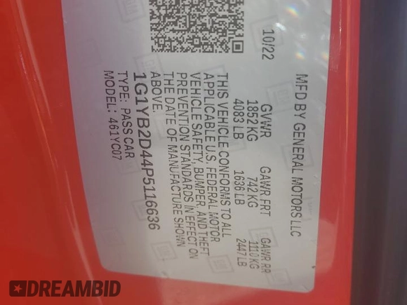 2023 Chevrolet Corvette 2LT with VIN 1G1YB2D44P5116636, listed as a Copart auction lot 74525944 with 2,027 mi miles and Salvage title. Bid and sale history available at DreamBid. Image 13.