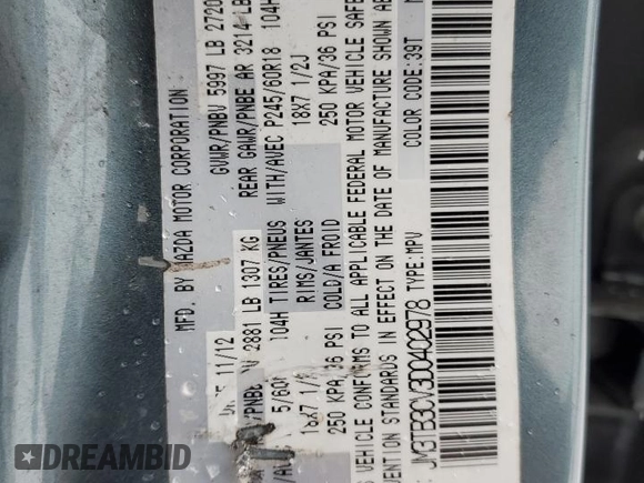 2013 Mazda CX-9 Touring with VIN JM3TB3CV3D0402978, listed as a Copart auction lot 41376505 with 171,524 mi miles and Salvage title. Bid and sale history available at DreamBid. Image 13.