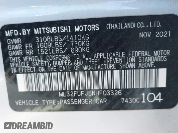 2022 Mitsubishi Mirage ES z VIN ML32FUFJ5NHF03326, wystawiony jako IAAI lot #41340720 z przebiegiem 15 621 mil mil oraz . Historia ofert i sprzedaży dostępna na DreamBid. Obrazek 9.