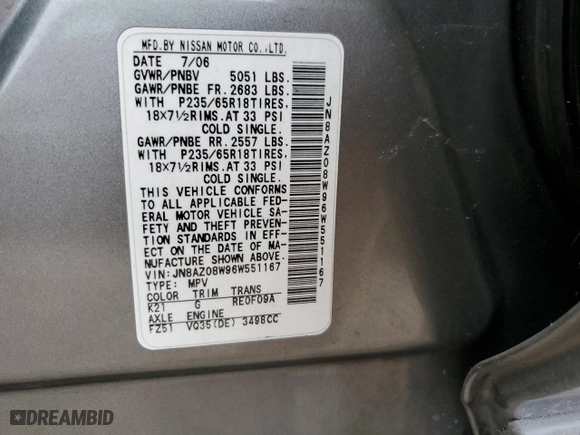 2006 Nissan Murano SE with VIN JN8AZ08W96W551167, listed as a Copart auction lot 80216804 with 138,531 mi miles and Salvage Title. Bid and sale history available at carsss.com. Image 13.