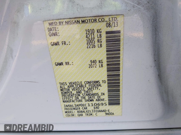 2014 Nissan Altima 2.5 with VIN 1N4AL3AP0EC110695, listed as a IAAI auction lot 41982775 with 105,395 mi miles. Bid and sale history available at carsss.com. Image 9.