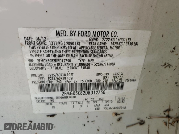 2013 Ford Flex SEL z VIN 2FMGK5C82DBD12750, wystawiony jako Copart lot #52413925 z przebiegiem Nie podano mil oraz Szkoda całkowita • Salvage title. Historia ofert i sprzedaży dostępna na DreamBid. Obrazek 14.