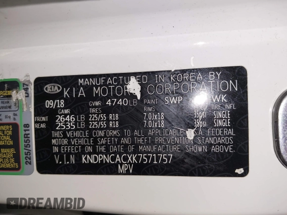 2019 Kia Sportage EX with VIN KNDPNCACXK7571757, listed as a IAAI auction lot 41919955 with 80,895 mi miles. Bid and sale history available at carsss.com. Image 9.
