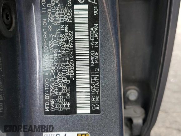 2009 Toyota Prius with VIN JTDKB20U293497632, listed as a Copart auction lot 51277885 with 152,610 mi miles and Salvage Title. Bid and sale history available at DreamBid. Image 12.