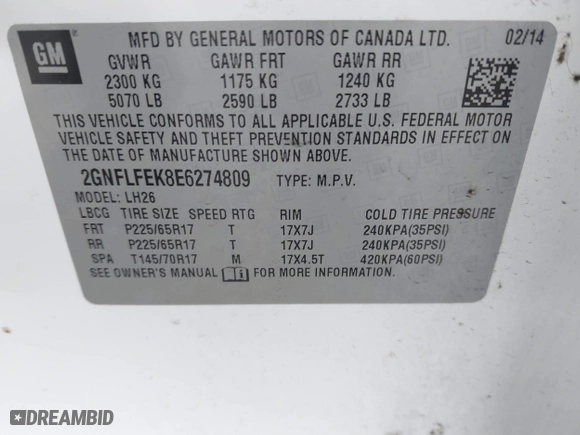 2014 Chevrolet Equinox LT with VIN 2GNFLFEK8E6274809, listed as a IAAI auction lot 41671415 with 174,165 mi miles. Bid and sale history available at carsss.com. Image 9.
